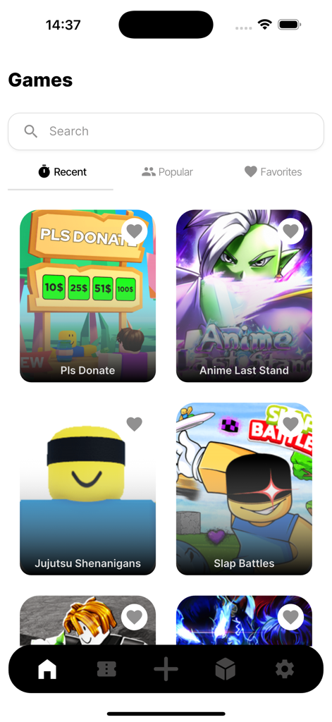 Rbx Codes For RBLX - Una interfaz de aplicación móvil que muestra una lista de juegos populares de Roblox como Pls Donate y Slap Battles para canjear códigos.