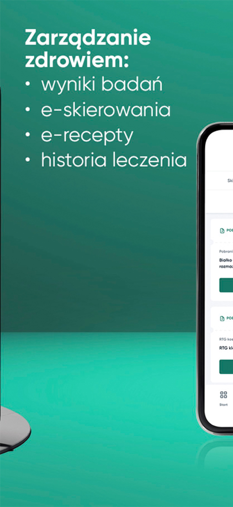 A smartphone screen showing the Enel-Med app health management features including test results and e-prescriptions.