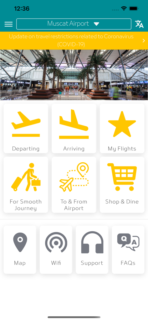 Panel de la aplicación Aeropuertos de Omán con botones para información de vuelos y servicios del aeropuerto