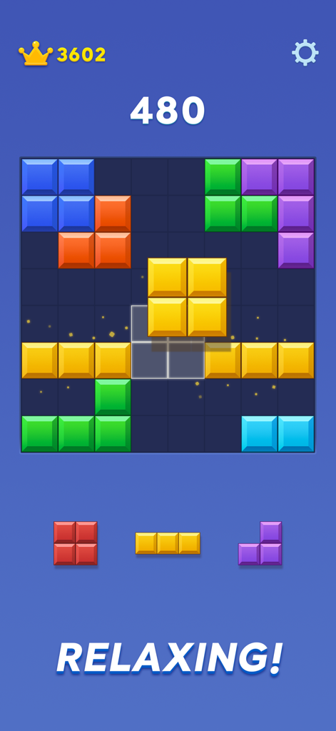 Capture d'écran du jeu de puzzle Block Blast montrant des blocs colorés sur une grille 8x8 avec le mot Relaxant