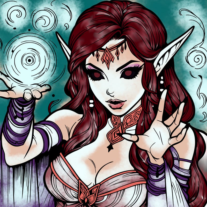 realistic scary beautiful elf sorceress casting spell