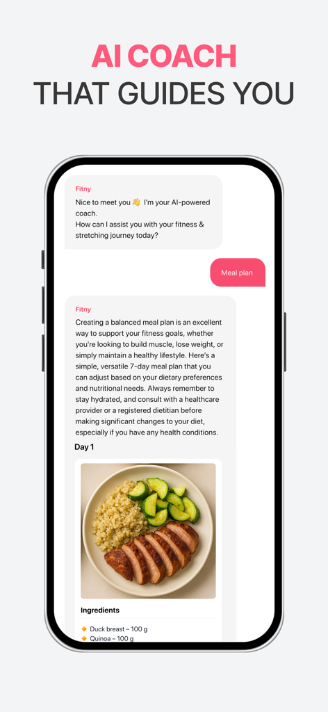 Fitny - Stretching & Fitness - Smartphone screen of Fitny app AI coach providing a healthy meal plan with duck breast and quinoa.