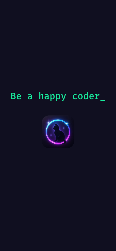 Écran de démarrage du client GitHub NapCat avec le texte 'Be a happy coder' et une icône de chat néon.
