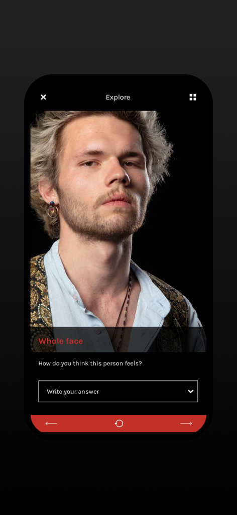 Emosee - A portrait of a man in the Emosee app with a question asking for his perceived emotions.