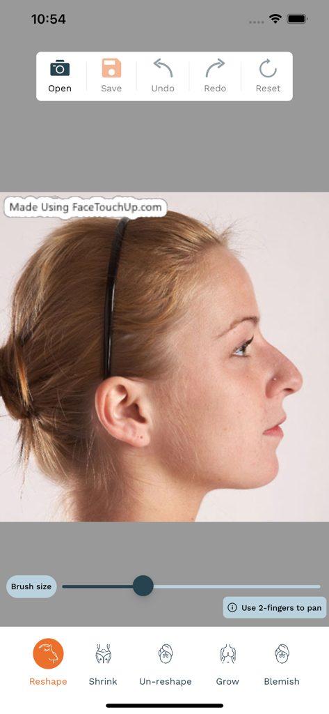 Profilo laterale di una donna nell'app FaceTouchUp con lo strumento Rimodella attivo per la simulazione della chirurgia plastica.