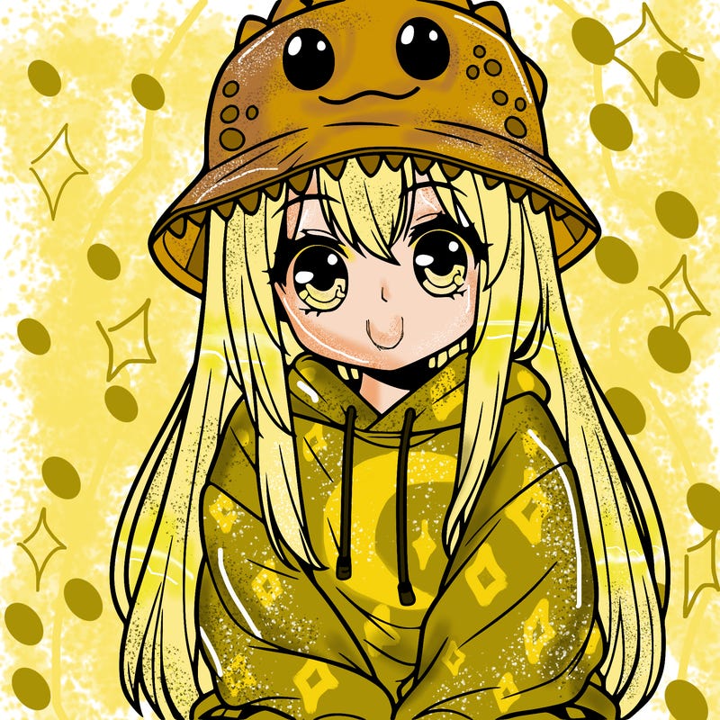 girl with anime shaped eyes with a dinosaur bucket hat oversized sweatshirt long straight hair