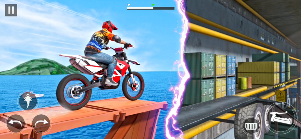 Bike Stunt 3D Race Bike Games - Tela dividida de um jogo de acrobacias de moto mostrando ambientes de pista oceânica e industrial.