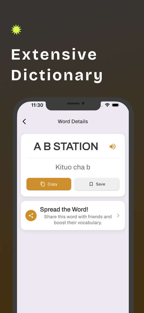 Interface of the Swahili English translator app showing the extensive dictionary word details with audio pronunciation and save options.
