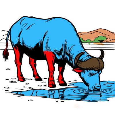 a realtic buffalo drinking from a watering hole