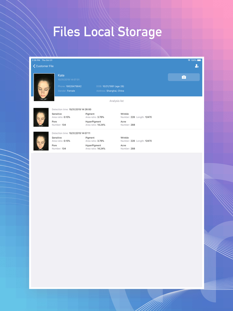 Meicet - Meicet iPad app screenshot displaying a customer profile with local storage of professional skin analysis reports and diagnostic data