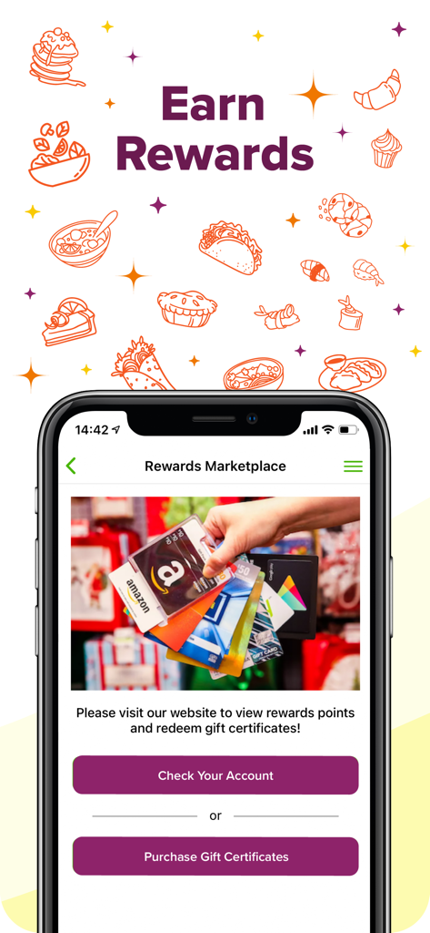 Easy Eats Delivery Service - Rewards Marketplace screen in Easy Eats app showing gift cards and account check buttons