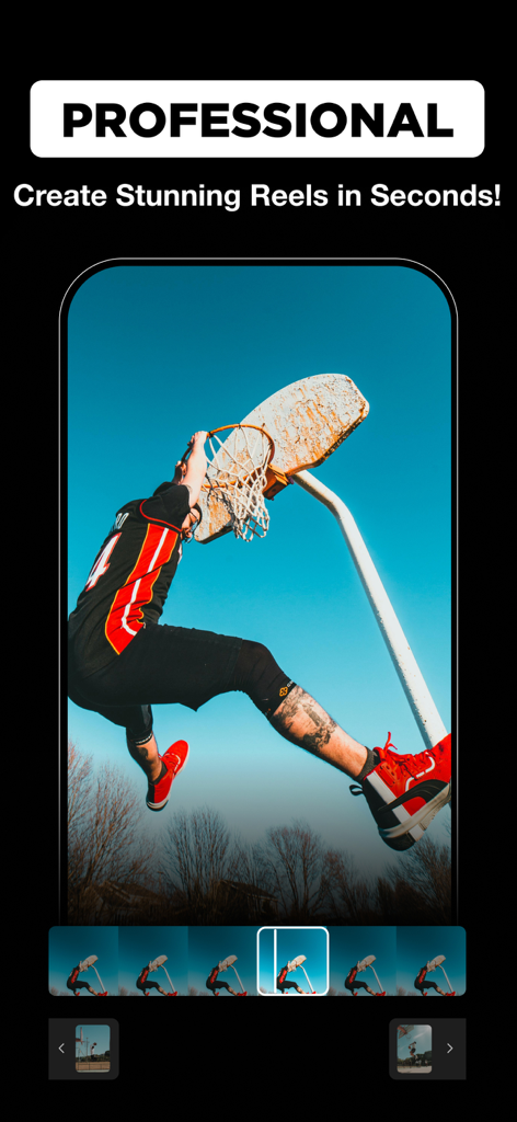 Reels Maker・Video Templates - Um modelo de vídeo de esportes profissionais no aplicativo Reels Maker apresentando um jogador de basquete enterrando.