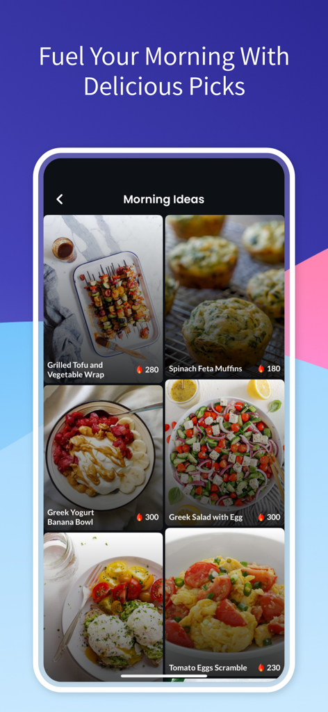 Healthy breakfast ideas with calorie counts in the AI Calorie Tracker app