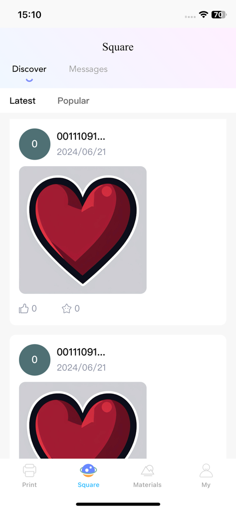 Tiny Print - Tiny Printアプリのコミュニティ画面。ハートのステッカーデザインが紹介されています。