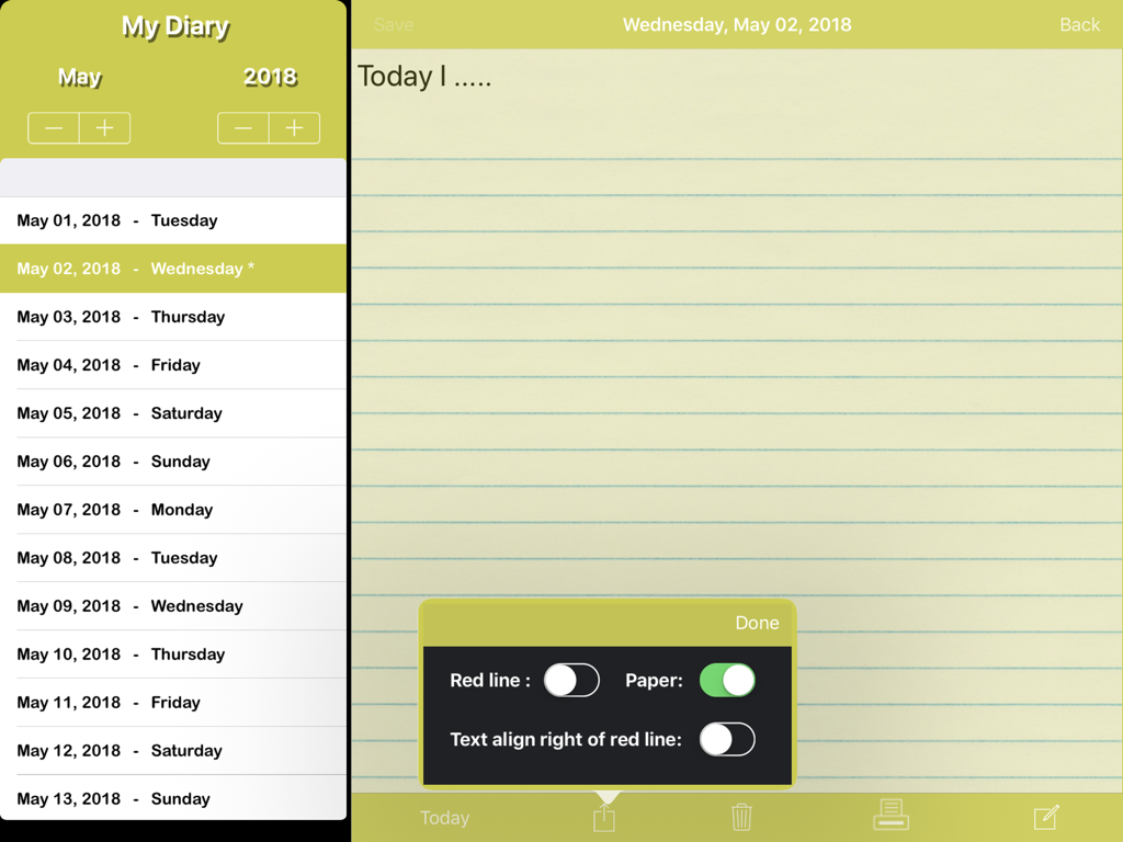 My Private Diary - iPad digital diary interface showing a list of entries and a journal page with paper customization settings