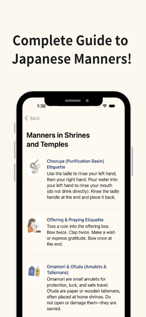 Una guía que explica los modales en santuarios y templos japoneses, incluida la etiqueta de la cuenca de purificación y la oración.