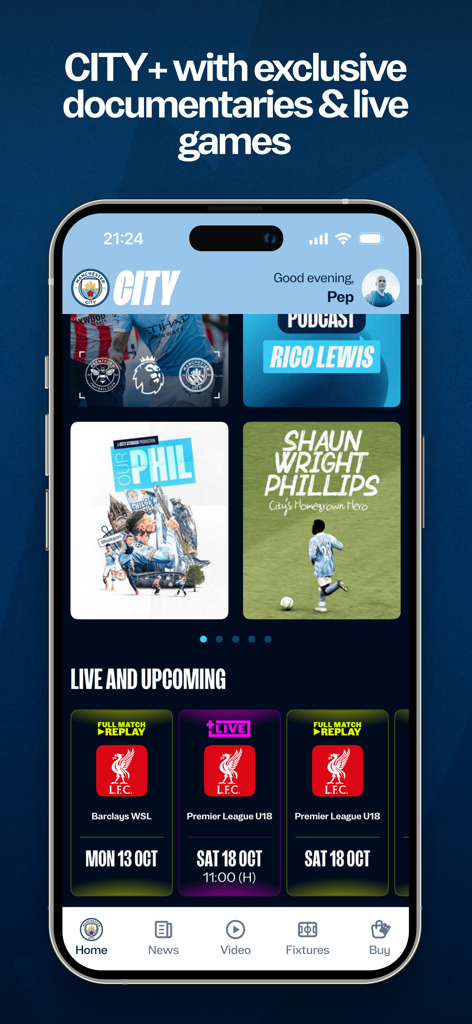 Manchester City Official App - Bildschirm der Manchester City App mit exklusiven Dokumentationen und Live-Spielplänen