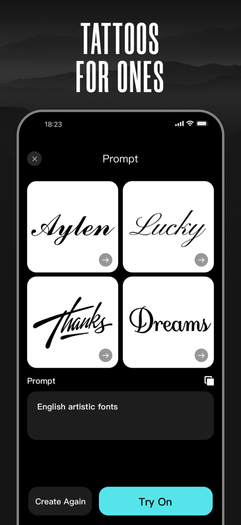 AI tattoo generator app screen displaying word tattoo designs in various artistic script fonts