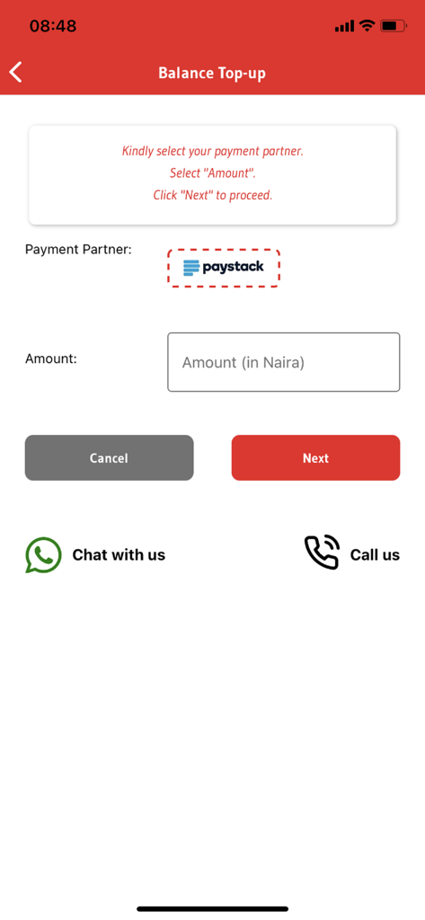 MySWIFTApp Guthaben-Auflade-Oberfläche mit Paystack-Zahlungsoption und Eingabefeld für Naira-Währung
