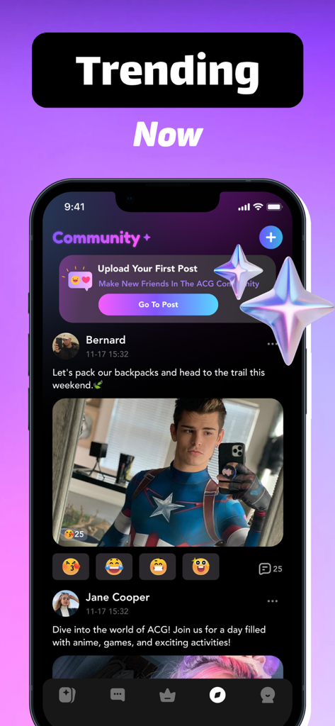 Yipee mobile app interface displaying a trending social feed for anime and gaming fans with a user post featuring a cosplay photo.