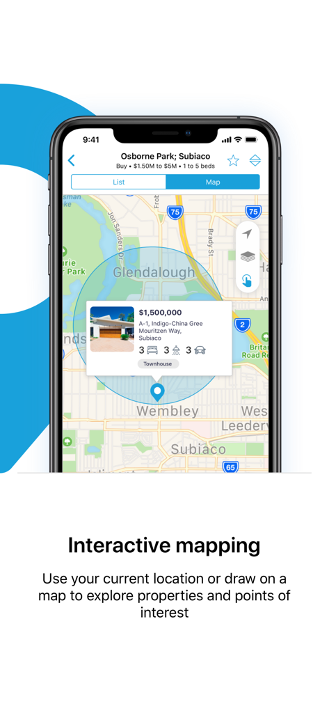 reiwa.com - Real Estate - Ein Smartphone, das die Immobilien-App reiwa.com mit einer interaktiven Kartensuche nach Immobilien in Subiaco, Westaustralien, anzeigt