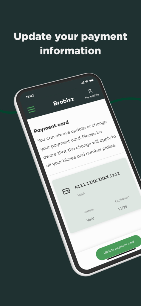 Brobizz-App-Bildschirm mit Zahlungskartendetails und einer Schaltfläche zur Aktualisierung der Zahlungskarte