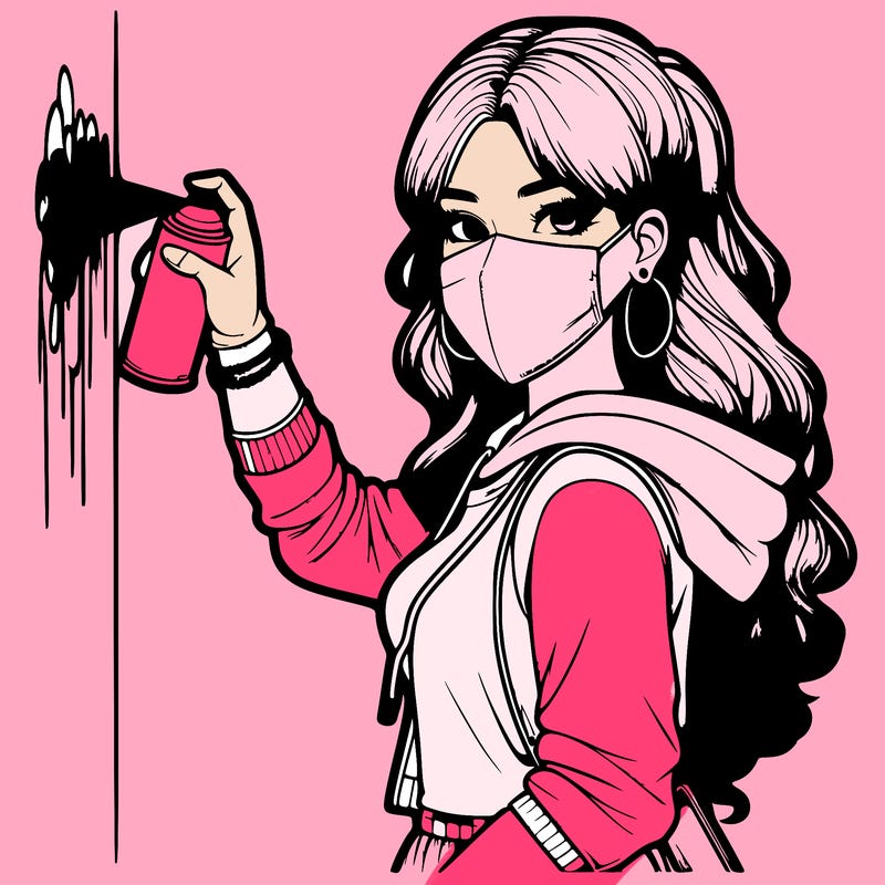 realistic girl with mask spray painting a wall