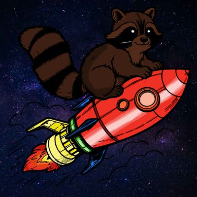 realistic raccoon flying on top rocket ship