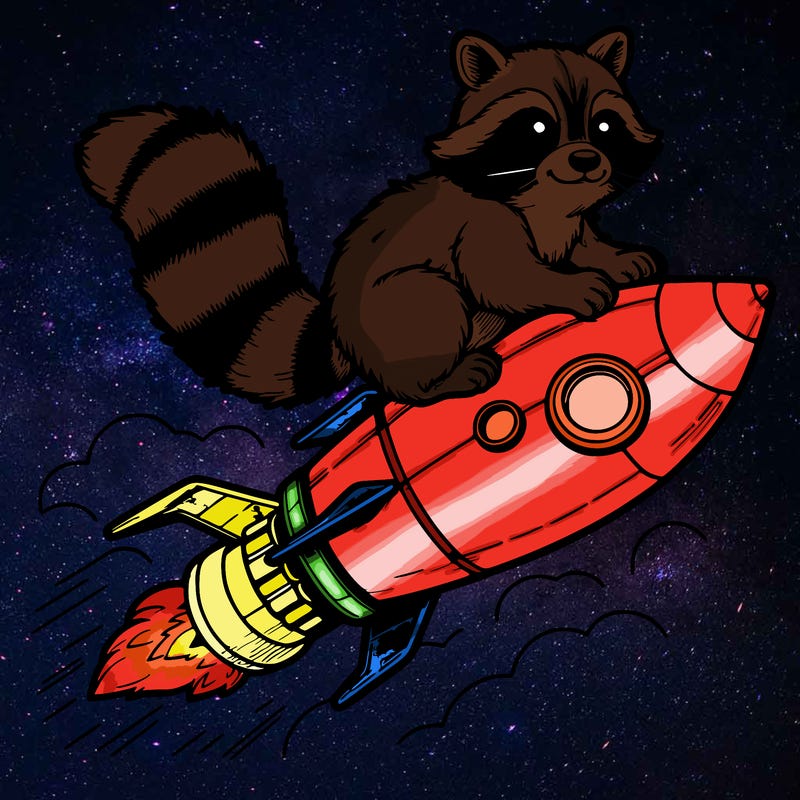 realistic raccoon flying on top rocket ship