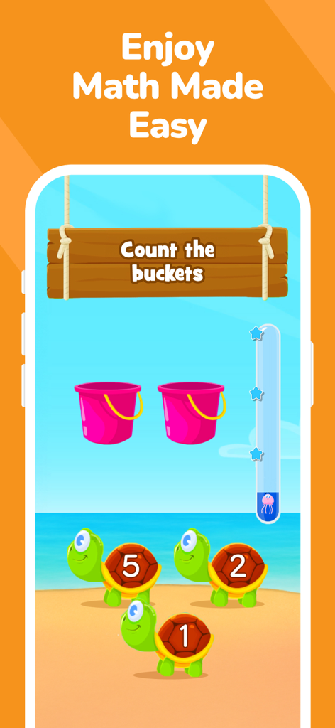 Kiddopia: Kids Learning Games - Pantalla de juego de aprendizaje de matemáticas para preescolares que muestra una actividad de conteo con cubos rosas y tortugas numeradas en una playa.