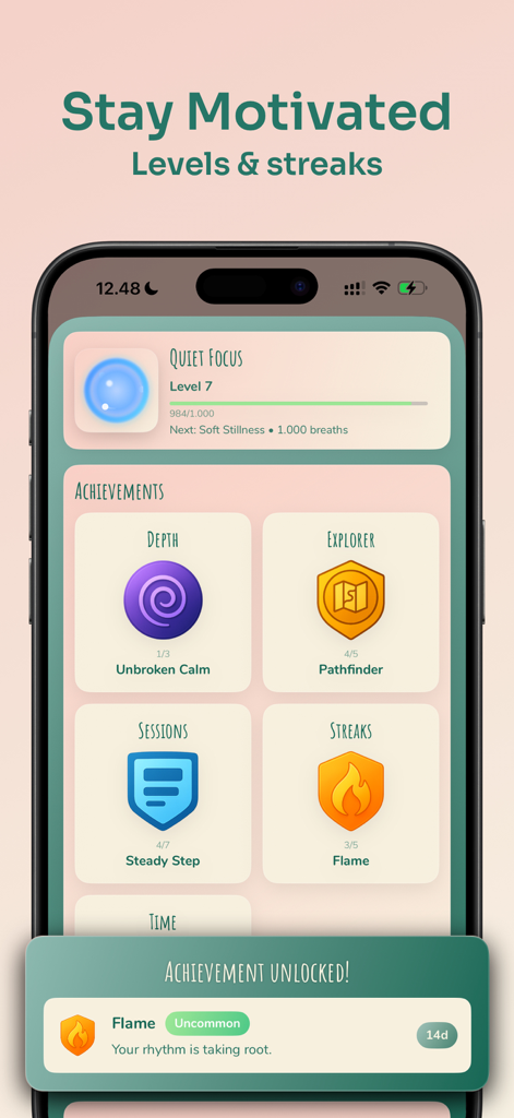 Paced Breathing - Breath Coach - Mobile app screen showing user achievements, levels, and streaks for breathwork progress.