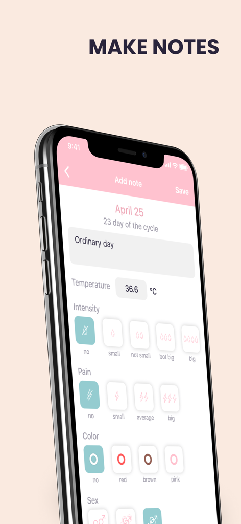 Écran de suivi des symptômes dans l'application Santé Féminine montrant les relevés de température et d'intensité du flux