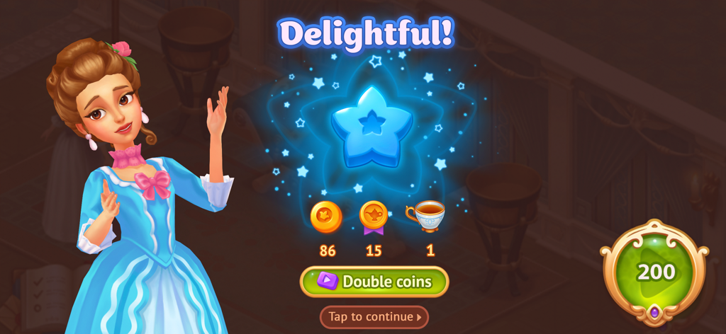 Storyngton Hall: Match 3 games - Victory screen in Storyngton Hall showing rewards and a character in Regency attire