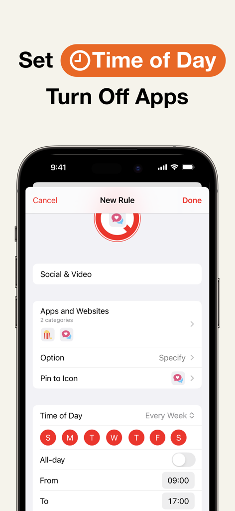Interface do AppStops para definir regras baseadas em horário para desligar aplicativos sociais e de vídeo durante horários específicos