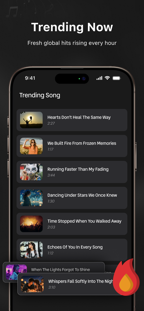 Trending Now screen on RYT Music Player displaying a list of popular global hits