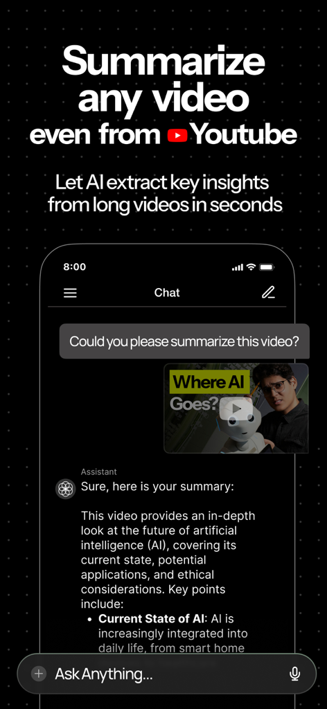 Genora AI – Chat bot & Search - Genora AI app interface demonstrating an automated summary of a YouTube video with key insights extracted by the chat assistant.