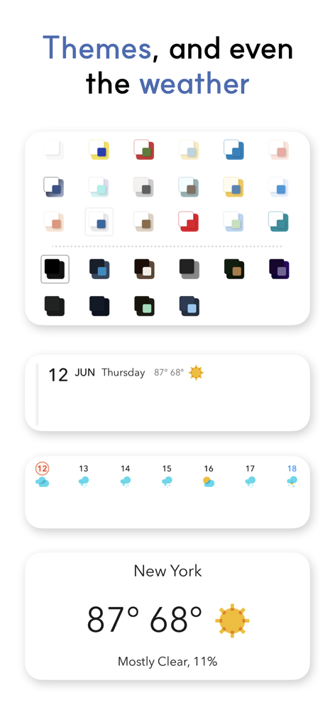 Across calendar app showing customizable color themes and integrated weather forecast widgets.