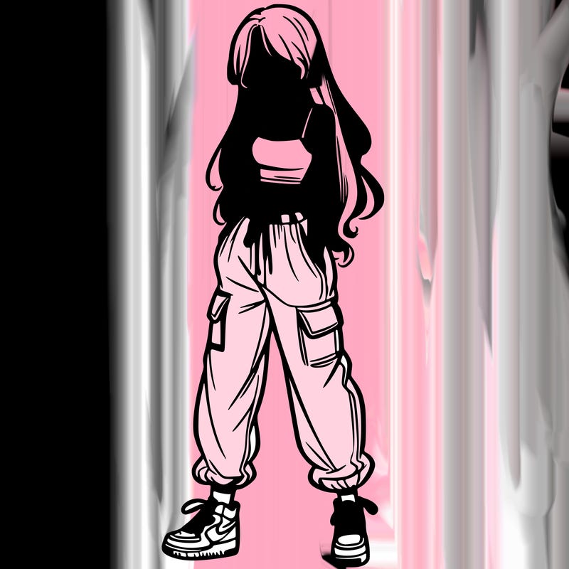 girl in baggy pants crop top and long hair