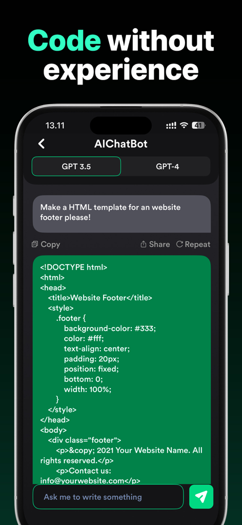 AI Smart ChatBot: Ask Anything - AI Smart ChatBot generating HTML and CSS code for a website footer on a mobile phone interface