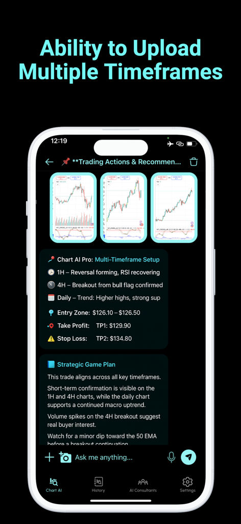 Chart AI Pro Trading Assistant - Pantalla de la app Chart AI Pro mostrando análisis de gráficos de múltiples marcos temporales con recomendaciones de trading de IA y plan de juego estratégico