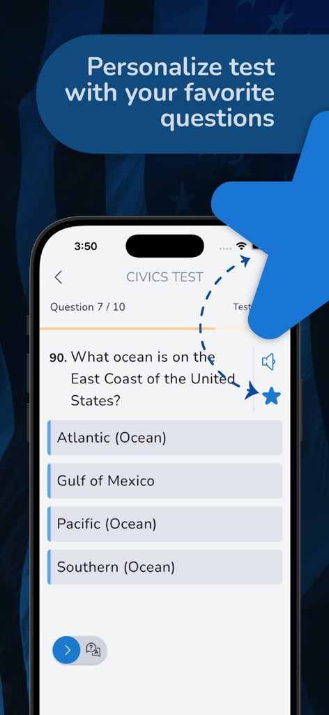 Citizen Now: US Citizenship - US citizenship app screen showing a civics test question and a star button to personalize tests