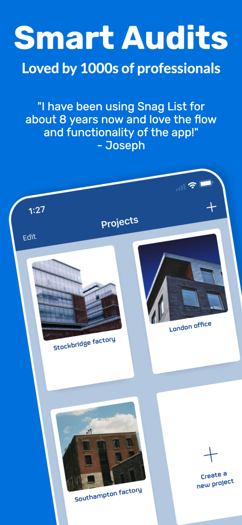 Smartphone displaying the Snag List app project dashboard for construction and factory audits