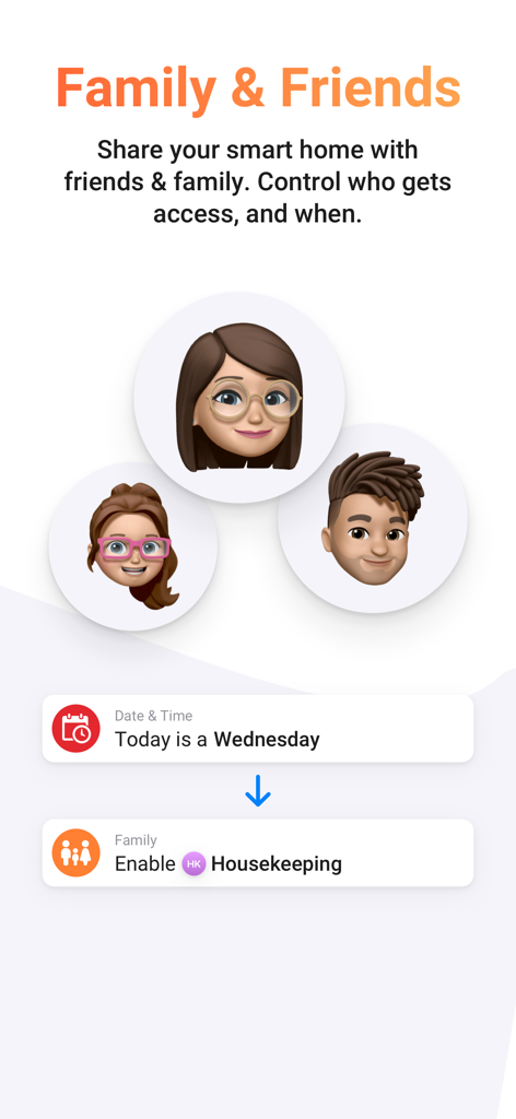 Homey app interface showing family sharing and automated housekeeping access control