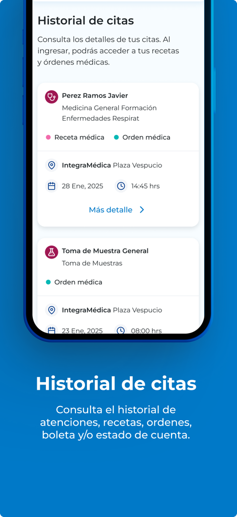 Mi Portal Bupa - Captura de pantalla de la pantalla de historial de citas en la aplicación Mi Portal Bupa que muestra visitas médicas pasadas y recetas