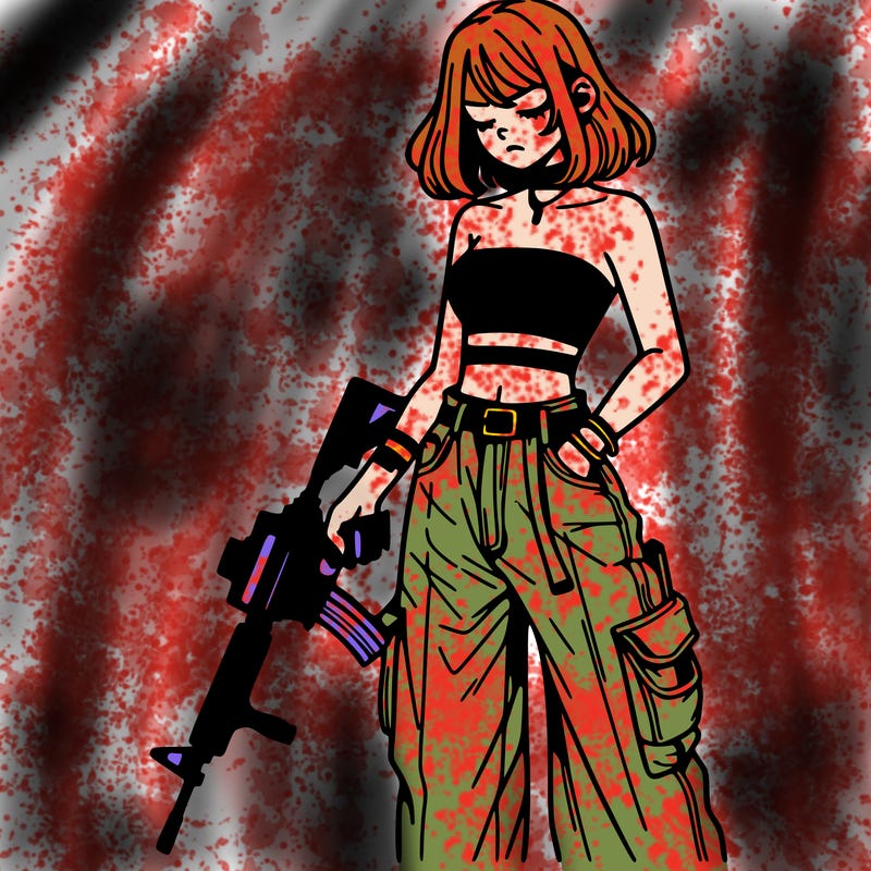 a dangerous girlcrop top and baggy jeans with a rifle in her hand