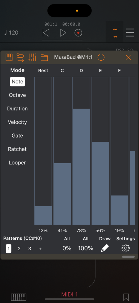 MuseBud - AUv3 MIDI Generator - MuseBud app interface showing probability faders for generating MIDI notes