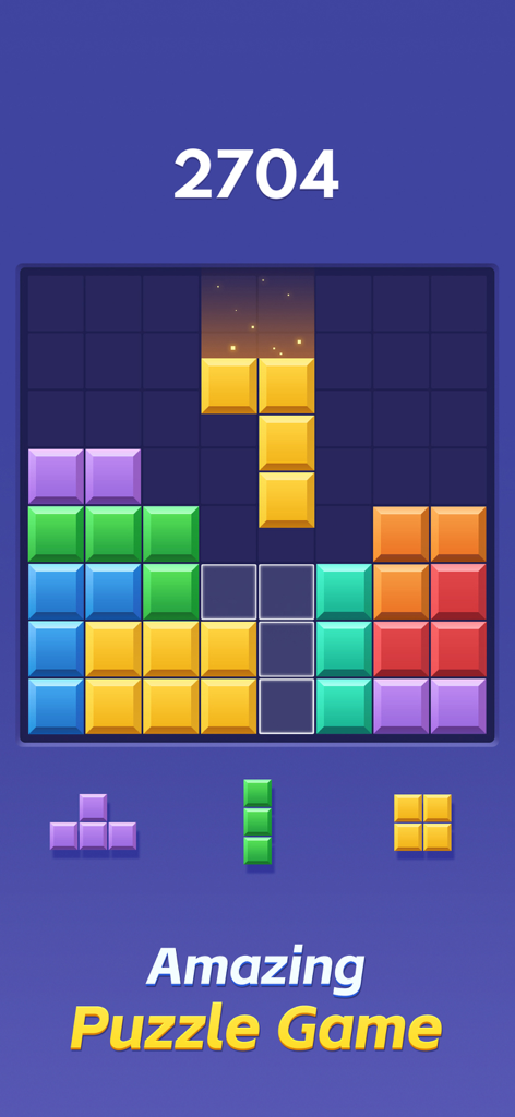 A vibrant block puzzle game grid showing strategic placement of colorful shapes on an 8x8 board.