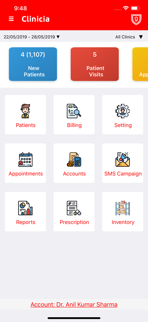 Clinicia-App-Dashboard mit Icons für klinisches Management für Patienten, Abrechnung und Termine