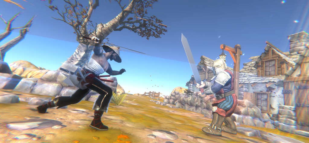 Samurai Fighting Ninja Shadow - Un guerrero samurái lucha contra un caballero armado en una escena de aldea en 3D