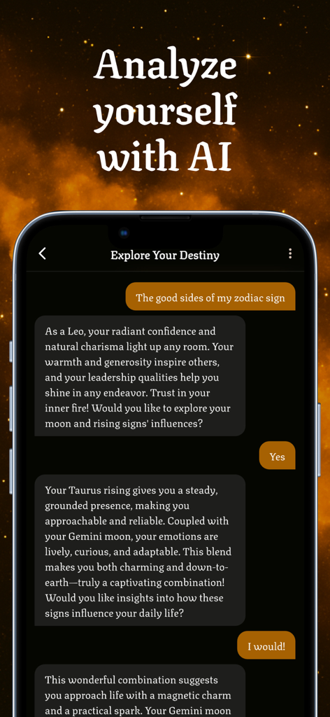 Universe AI: Soulmate Drawing - App interface showing an AI chat analyzing a users zodiac sign and birth chart traits